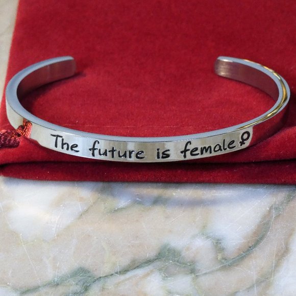 "The future is female" silver cuff inspirational stainless steel silver bracelet - Picture 1 of 3